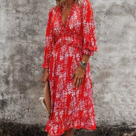 Red Floral Ditsy Ruffle Hem Dress Shabby Chic Cottagecore - Picture 5 of 5